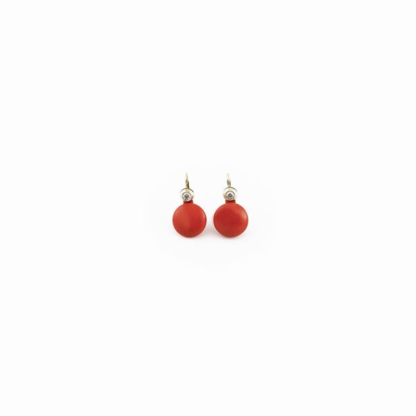 PAIR OF CORAL, ZIRCONIA AND GOLD EARRINGS