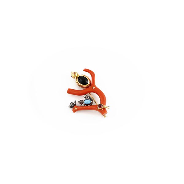 GEM SET, GOLD 14KT AND SILVER BROOCH