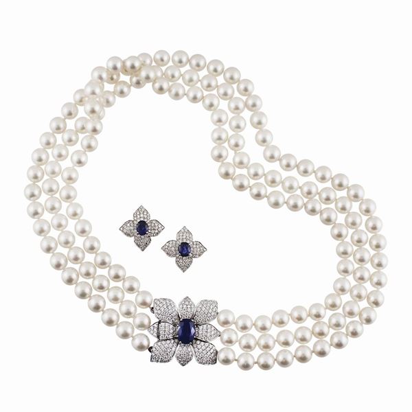 CULTURED PEARL, DIAMOND, SAPPHIRE AND GOLD PARURE