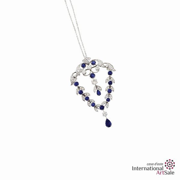 DIAMOND, SAPPHIRE AND GOLD PENDANT-BROOCH
