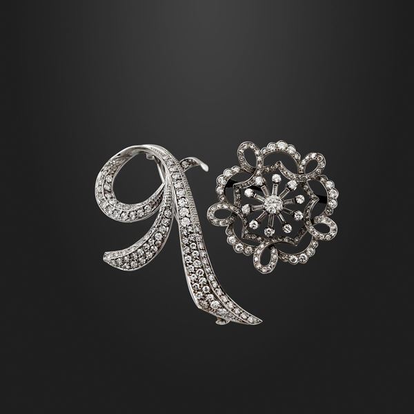 TWO DIAMOND AND GOLD BROOCHES
