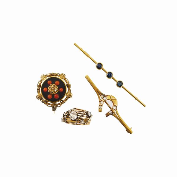 ONYX, CORAL, GEM SET AND GOLD LOT
