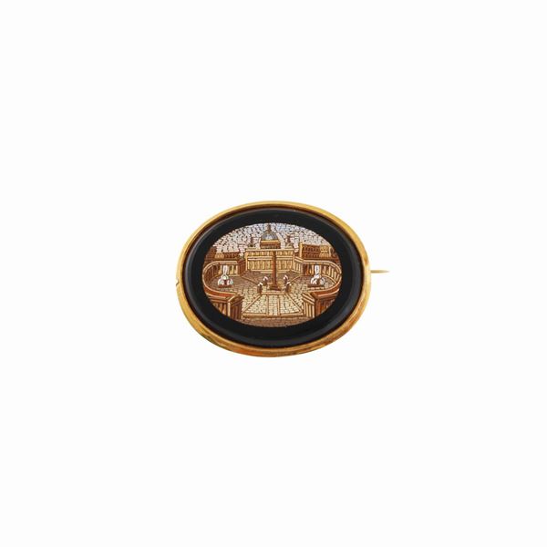 MICROMOSAIC, ONYX AND GOLD BROOCH