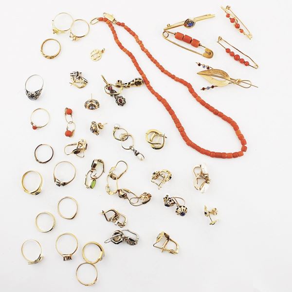GEM SET, CORAL, GOLD AND SILVER LOT