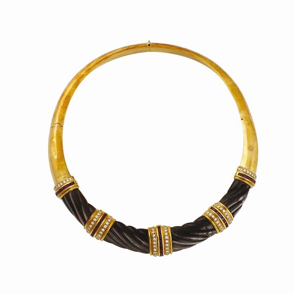 DIAMOND, RUBY, NACRE AND GOLD NECKLACE