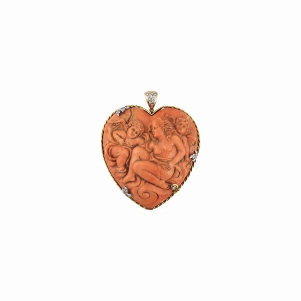 * CORAL, DIAMOND AND GOLD PENDANT