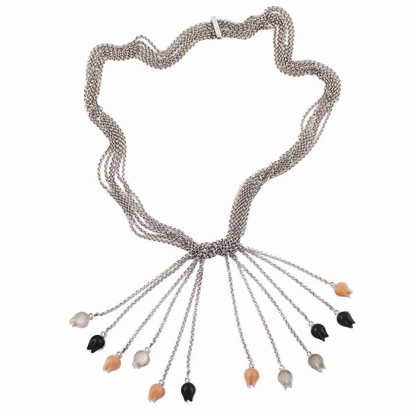 * DIAMOND, ROCK CRYSTAL, ONYX, CORAL AND GOLD NECKLACE