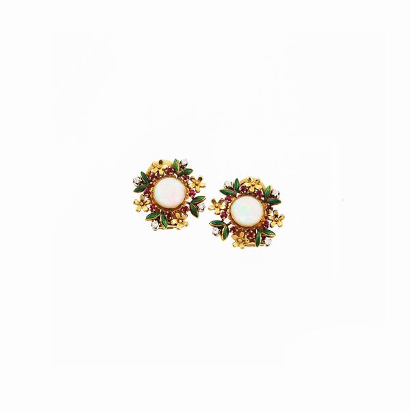 PAIR OF OPAL, RUBY, DIAMOND AND GOLD EARRINGS