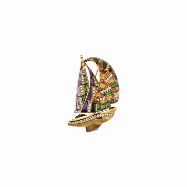 * GEM SET AND GOLD BROOCH