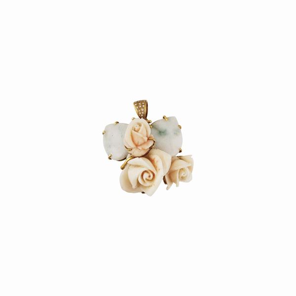 * CORAL, JADEITE, DIAMOND AND GOLD PENDANT