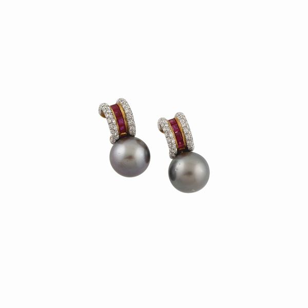 * PAIR OF SOUTH SEA PEARL, DIAMOND, RUBY AND GOLD EARRINGS