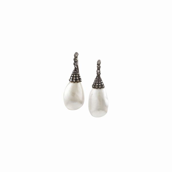 PAIR OF NATURAL PEARL, DIAMOND, SILVER AND GOLD EARRINGS