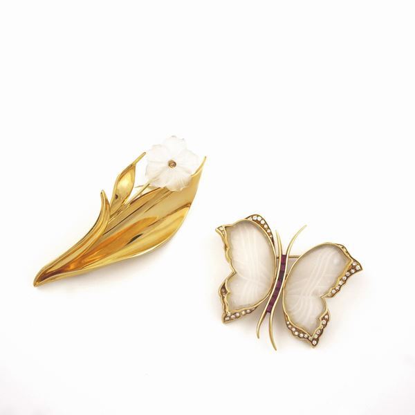 TWO DIAMOND, TOURMALINE, ROCK CRYSTAL AND GOLD BROOCHES