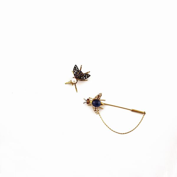 TWO GEM SET, PEARL, GOLD AND SILVER BROOCHES