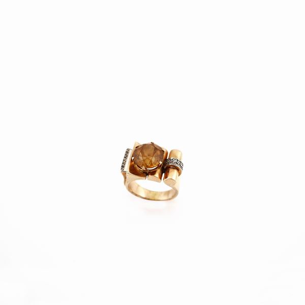 QUARTZ, DIAMOND, PLATINUM AND GOLD RING