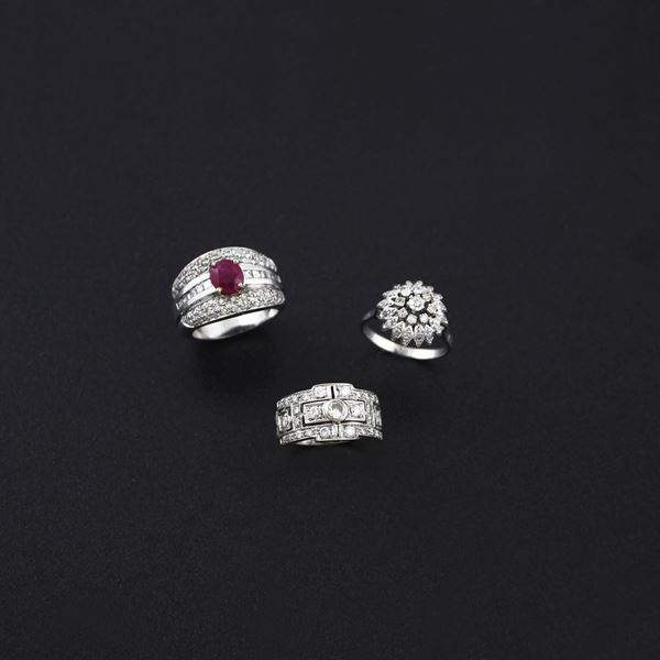THREE RUBY, DIAMOND AND GOLD RINGS