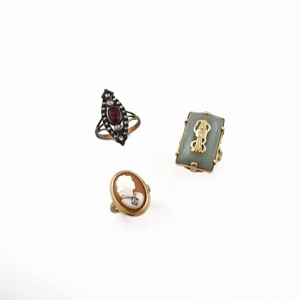 THREE RUBY, DIAMOND, JADEITE, GOLD AND SILVER RINGS
