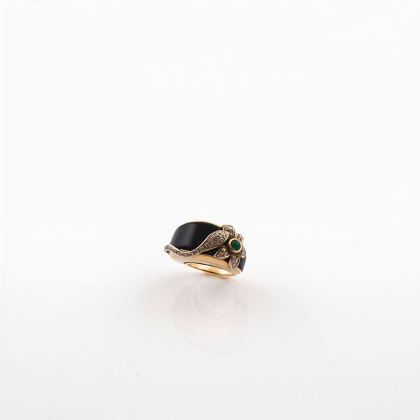 ONYX, EMERALD, DIAMOND, SILVER AND GOLD RING