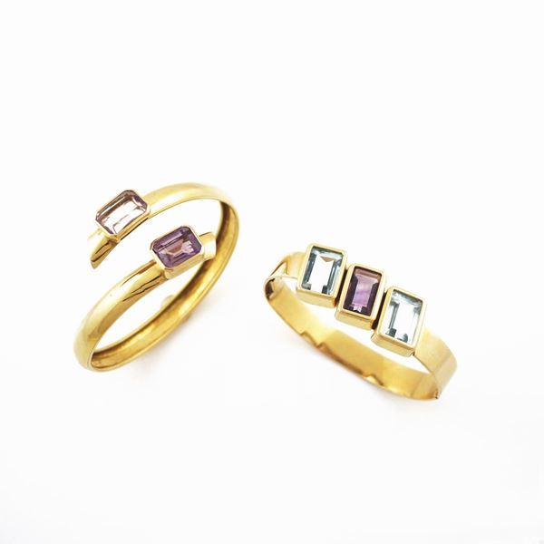 TWO AMETHYST, TOPAZ  AND GOLD BRACELETS