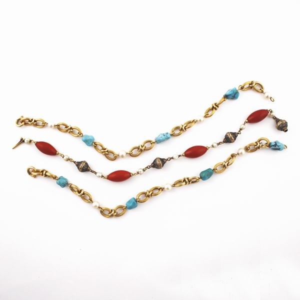 PEARL, TURQUOISE, CORAL, SILVER AND GOLD BRACELETS