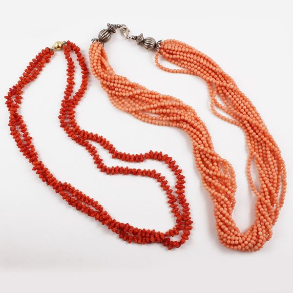 TWO CORAL NECKLACE WITH SILVER AND GOLD CLASP