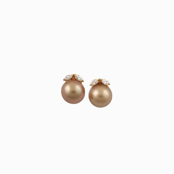 PAIR OF SOUTH SEA PEARL, DIAMOND AND GOLD EARRINGS