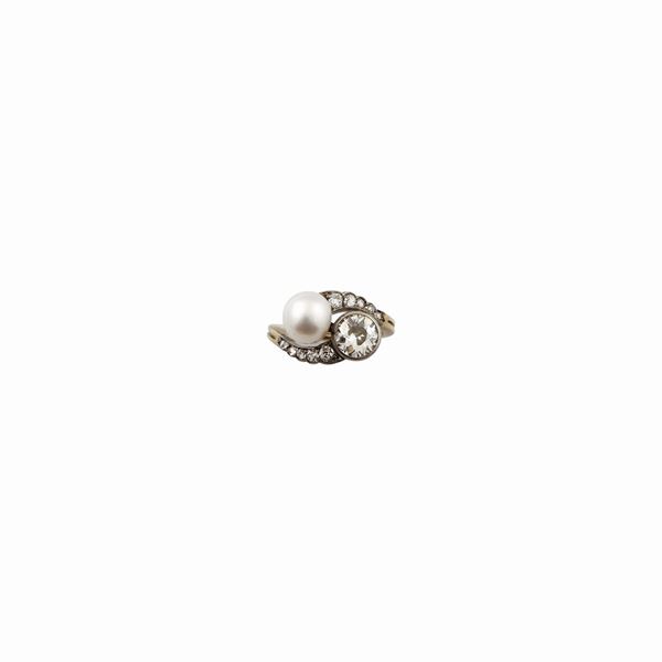 PEARL, DIAMOND, SILVER AND GOLD RING