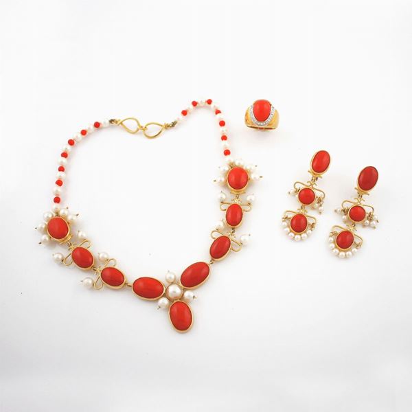 CORAL, PEARL, DIAMOND AND GOLD PARURE