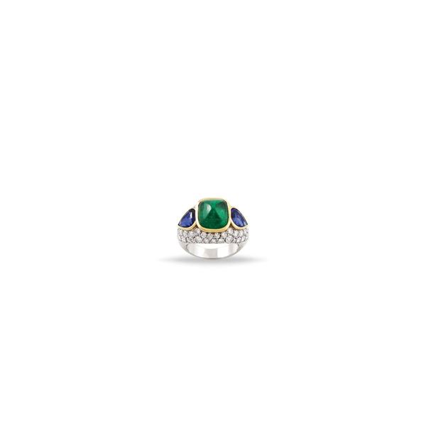 COLOMBIA EMERALD, DIAMOND, SAPPHIRE AND PLATINUM RING