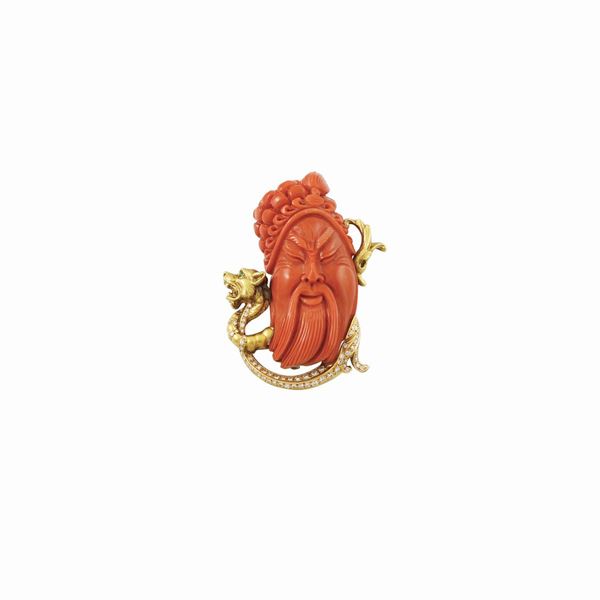 CORAL, DIAMOND AND GOLD BROOCH
