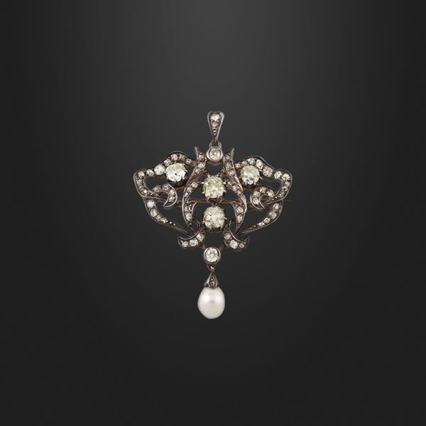 DIAMOND, PEARL, GOLD AND SILVER PENDANT