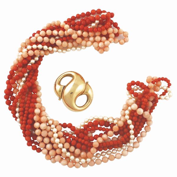 SIX CORAL, CULTURED PEARL AND GOLD NECKLACES