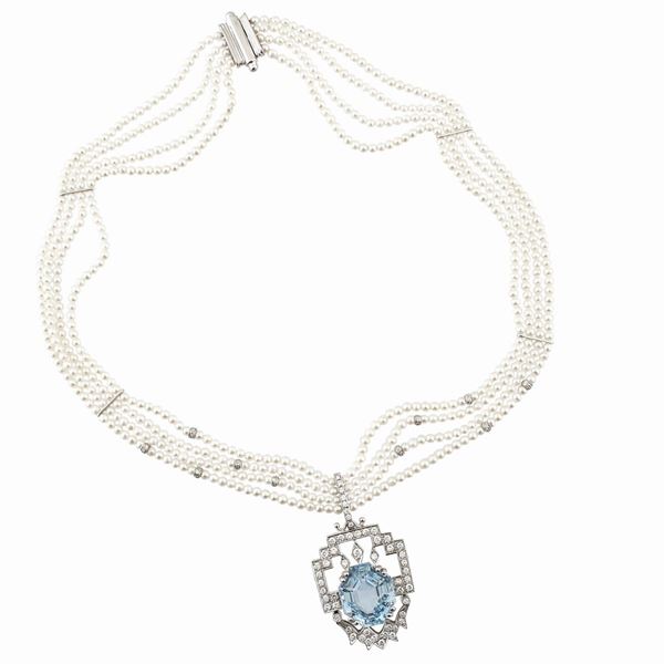 CULTURED PEARL NECKLACE WITH AQUAMARINE, DIAMOND AND GOLD PENDANT