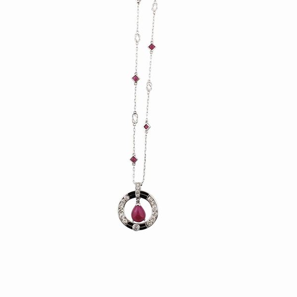 RUBY AND PLATINUM NECKLACE WITH RUBY, DIAMOND AND ONYX PENDANT