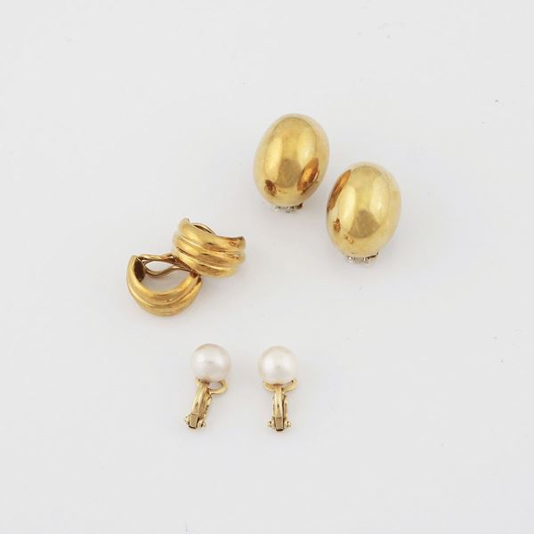 THREE PAIR OF CULTURED PEARL AND GOLD EARRINGS