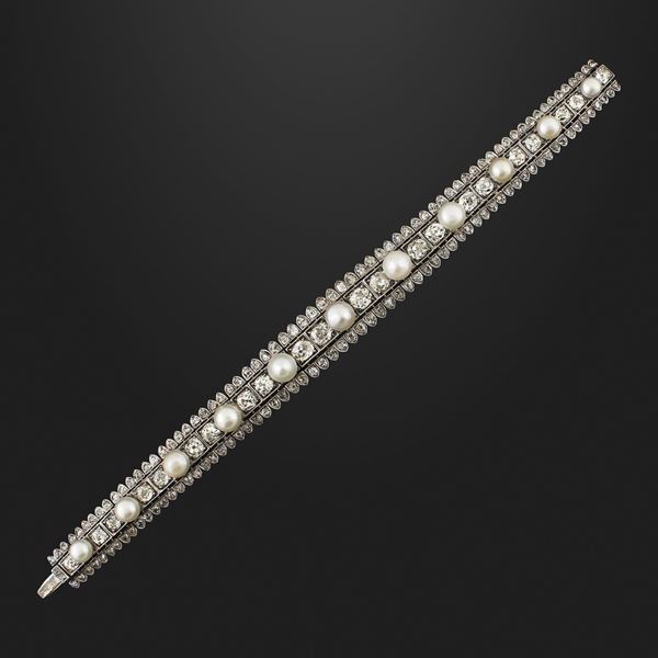 NATURAL PEARL, DIAMOND, GOLD AND SILVER BRACELET