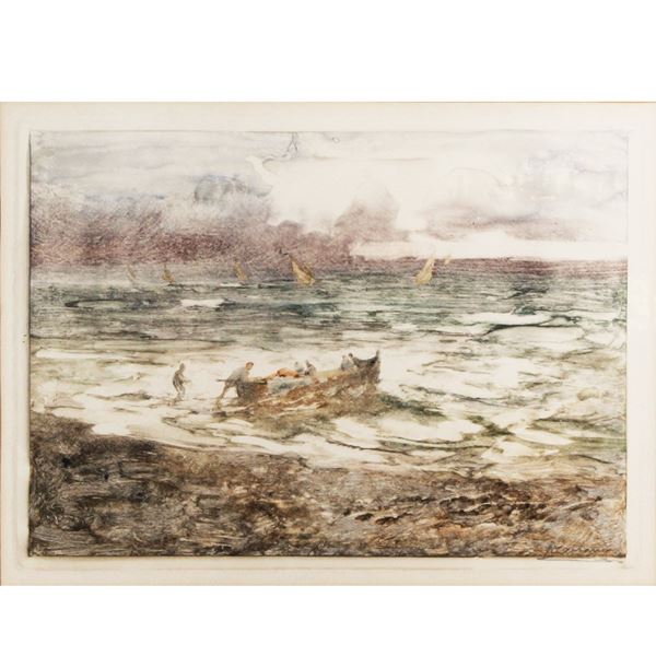 POMPEO MARIANI : Barca con pescatori  - Monotipo - Auction Paintings and Sculptures - Casa d'Aste International Art Sale