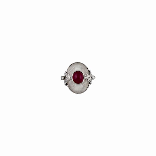 ROCK CRYSTAL, RUBY, DIAMOND AND GOLD RING