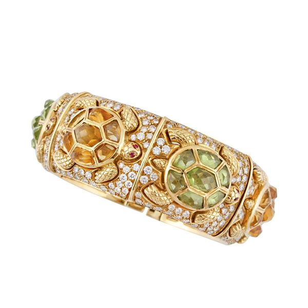 DIAMOND, QUARTZ, PERIDOT, RUBY AND GOLD BRACELET