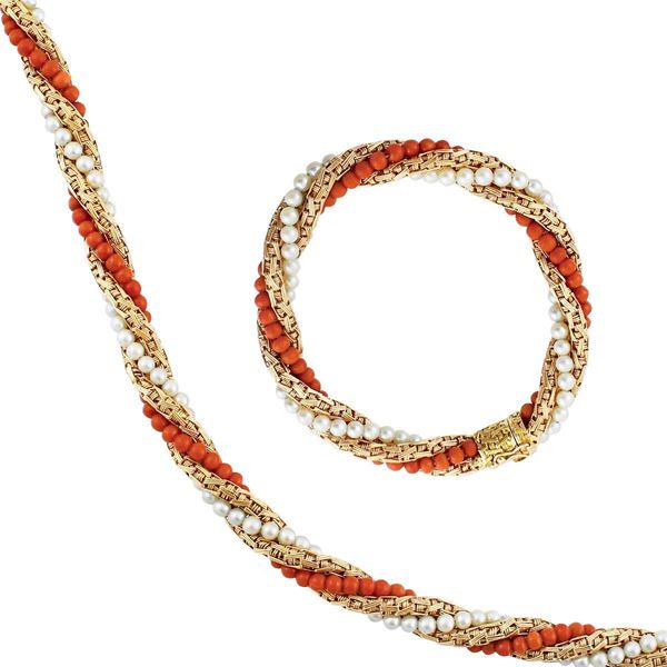 CULTURED PEARL, CORAL AND GOLD PARURE