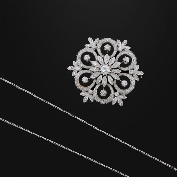 DIAMOND AND GOLD BROOCH WITH CHAIN  - Auction Jewelery, Watches and Objects of Art - Casa d'Aste International Art Sale