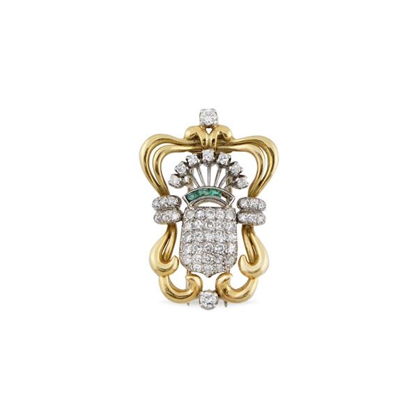 EMERALD, DIAMOND, PLATINUM AND GOLD BROOCH