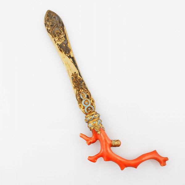 SILVER, GOLD AND CORAL PAPER CUTTER  - Auction Jewelery, Watches and Objects of Art - Casa d'Aste International Art Sale
