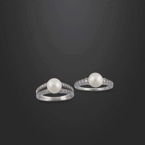 TWO CULTURED PEARL, DIAMOND, GOLD AND PLATINUM RINGS