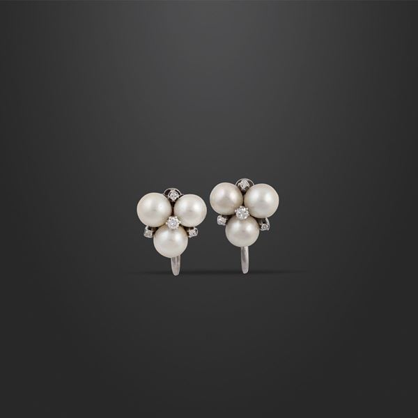 PAIR OF CULTURED PEARL, DIAMOND AND GOLD EARRINGS