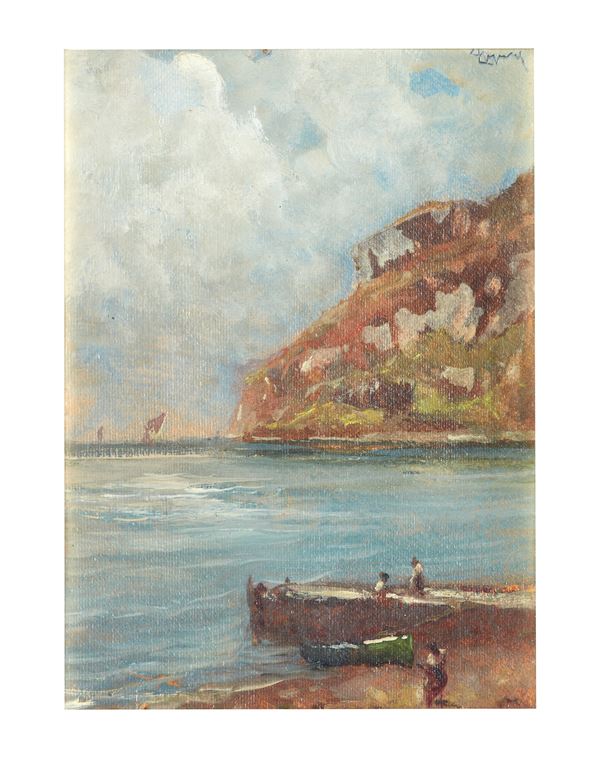 Lorenzo Gignous : Scorcio marino con figure  - Olio su cartone - Auction Paintings and Sculptures - Casa d'Aste International Art Sale