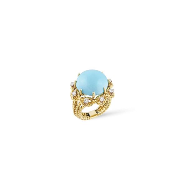 DIAMOND, TURQUOISE PASTE AND GOLD RING
