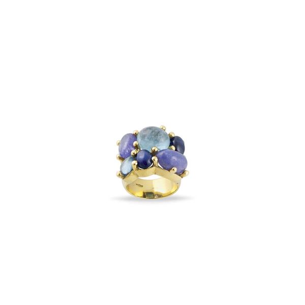SAPPHIRE, TANZANITE, AQUAMARINE AND GOLD RING