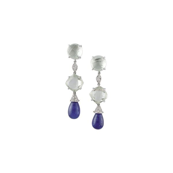PAIR OF QUARTZ, DIAMOND, TANZANITE AND GOLD EARRINGS