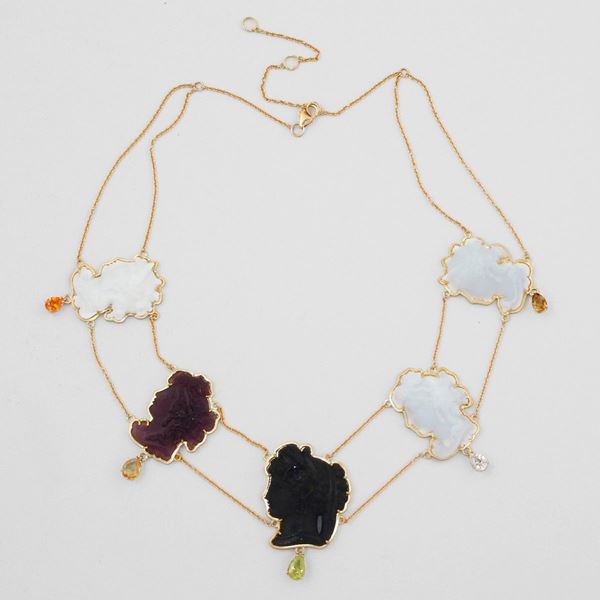 GLASS PASTE, QUARTZ AND PERIDOT NECKLACE